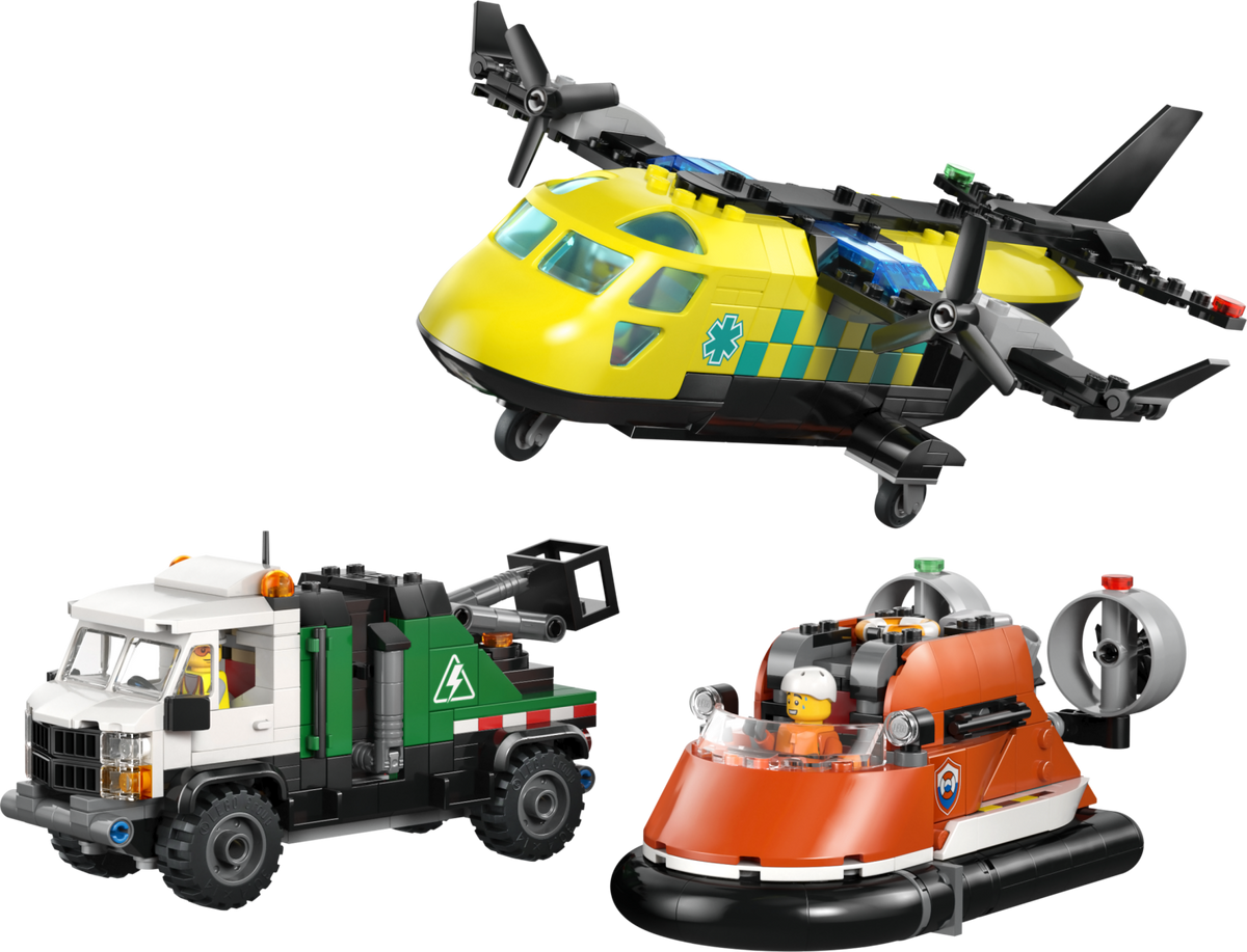 LEGO City 60505 - Avion, autospeciala de service si aeroglisor in versiuni adaptate (990 piese)