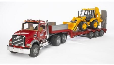 BRUDER 02813 - Camion Mack cu platforma si cu buldoexcavator JCB 4CX