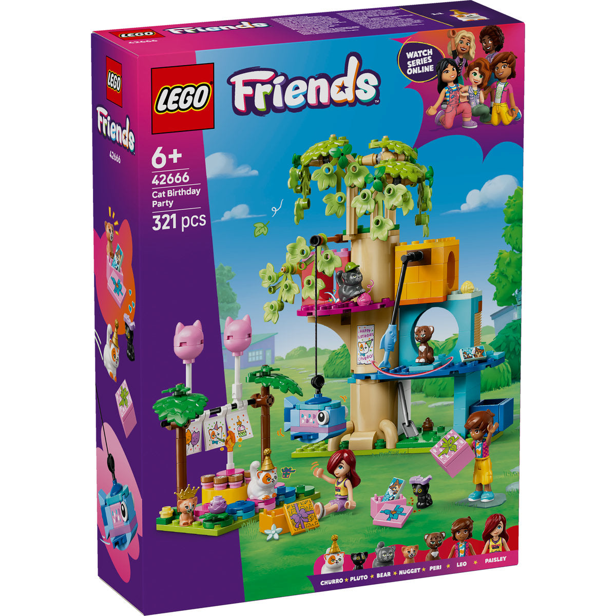 LEGO Friends 42666 - Petrecere de ziua de nastere a pisicii si casuta in copac (321 piese)
