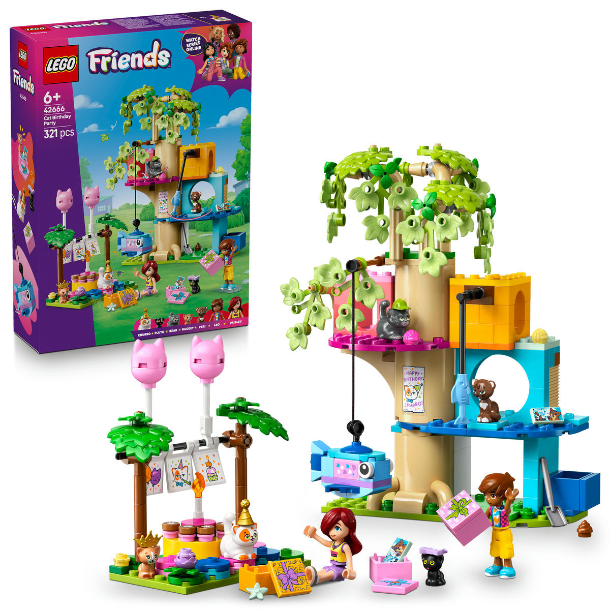 LEGO Friends 42666 - Petrecere de ziua de nastere a pisicii si casuta in copac (321 piese)