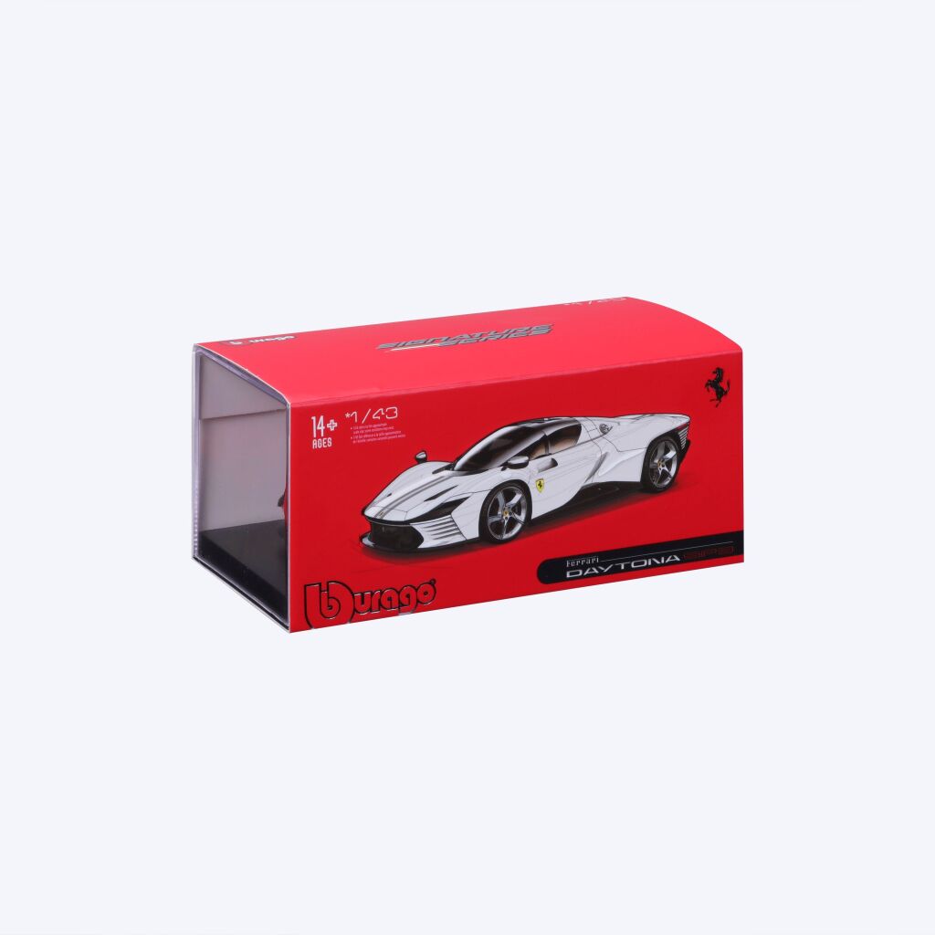 Ferrari Daytona SP3 alb cu vitrina plexiglass - 1/43 Bburago Signature