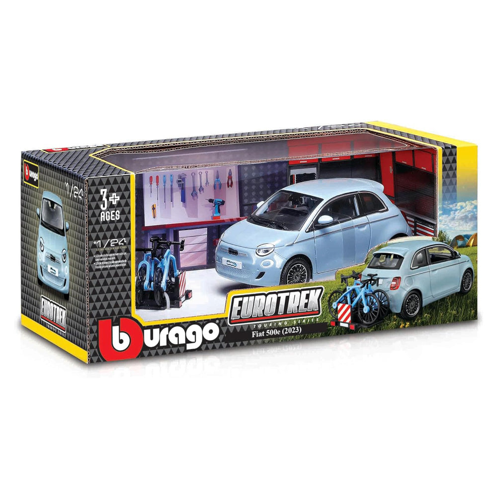 Fiat 500E 2023 cu portbagaj pentru biciclete - 1/24 Bburago