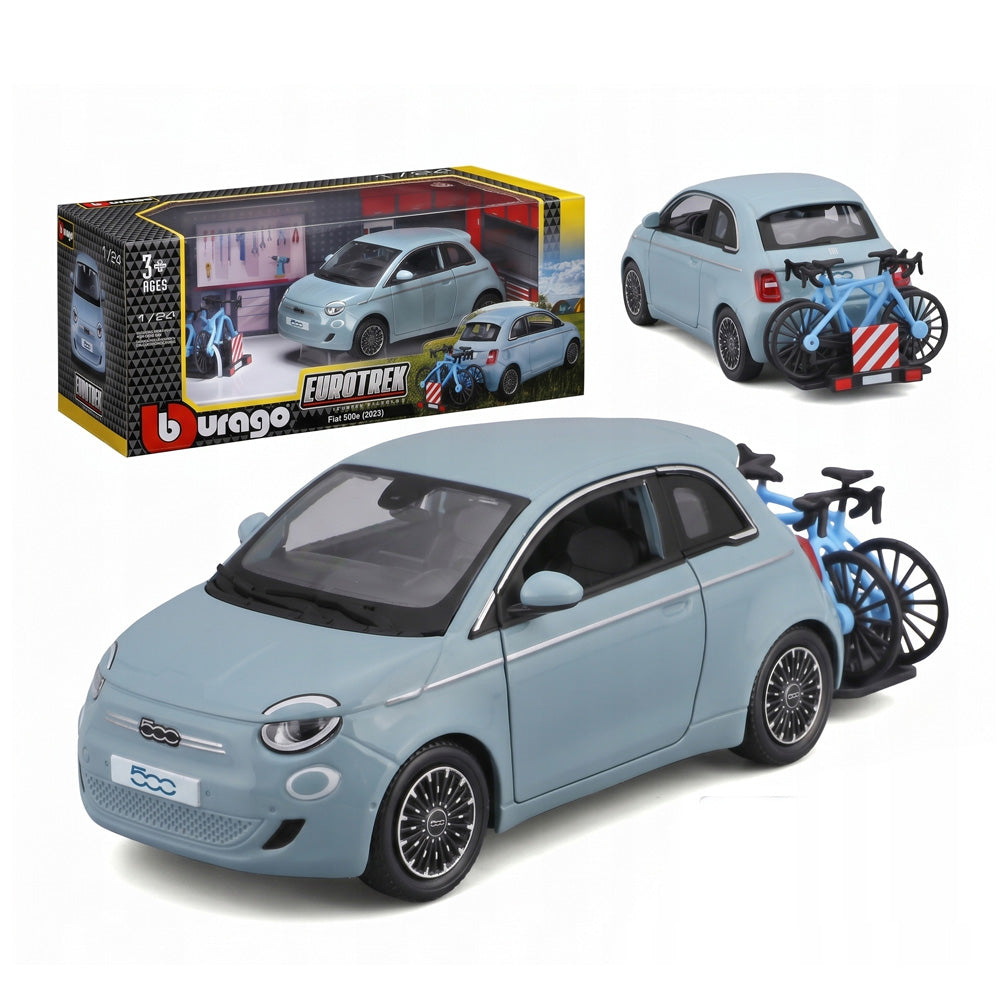Fiat 500E 2023 cu portbagaj pentru biciclete - 1/24 Bburago