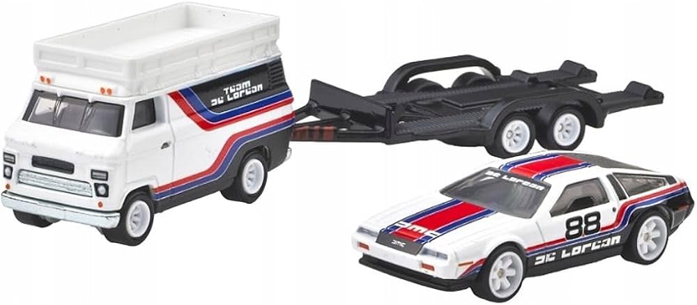 Set  2 machete cu remorca Hw Rally Hauler si DMC Delorean - 1/64 Hot Wheels Premium