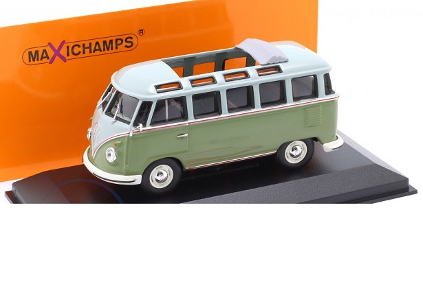 Volkswagen T1 Samba bus gri/verde cu vitrina plexiglass - 1/43 Maxichamps