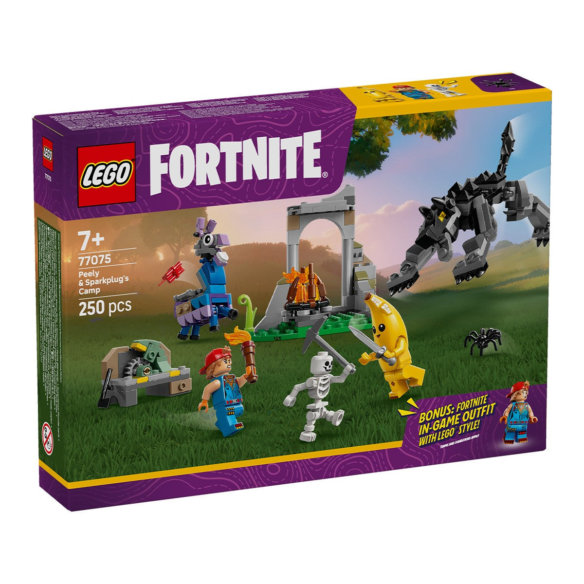 LEGO Fortnite 77075 - Tabara lui Peely si Sparkplug (250 piese)