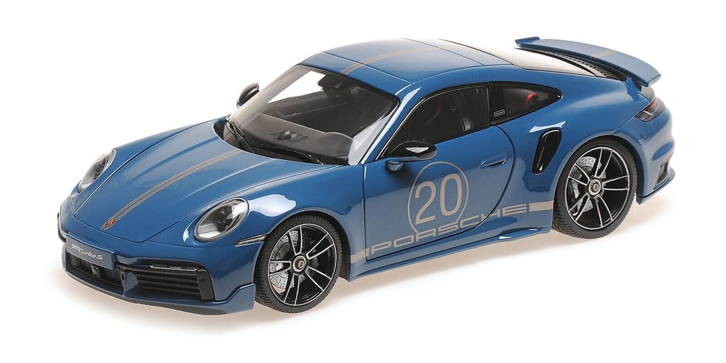 Porsche 911 Turbo S Sport Design 2021 albastru - 1/18 Minichamps