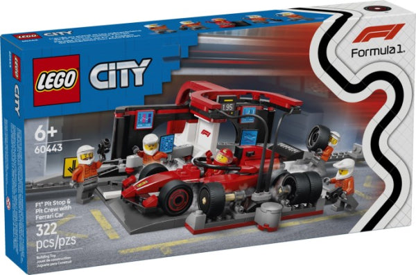 LEGO City 60443 - Boxa si mecanici F1 cu masina Ferrari (322 piese)