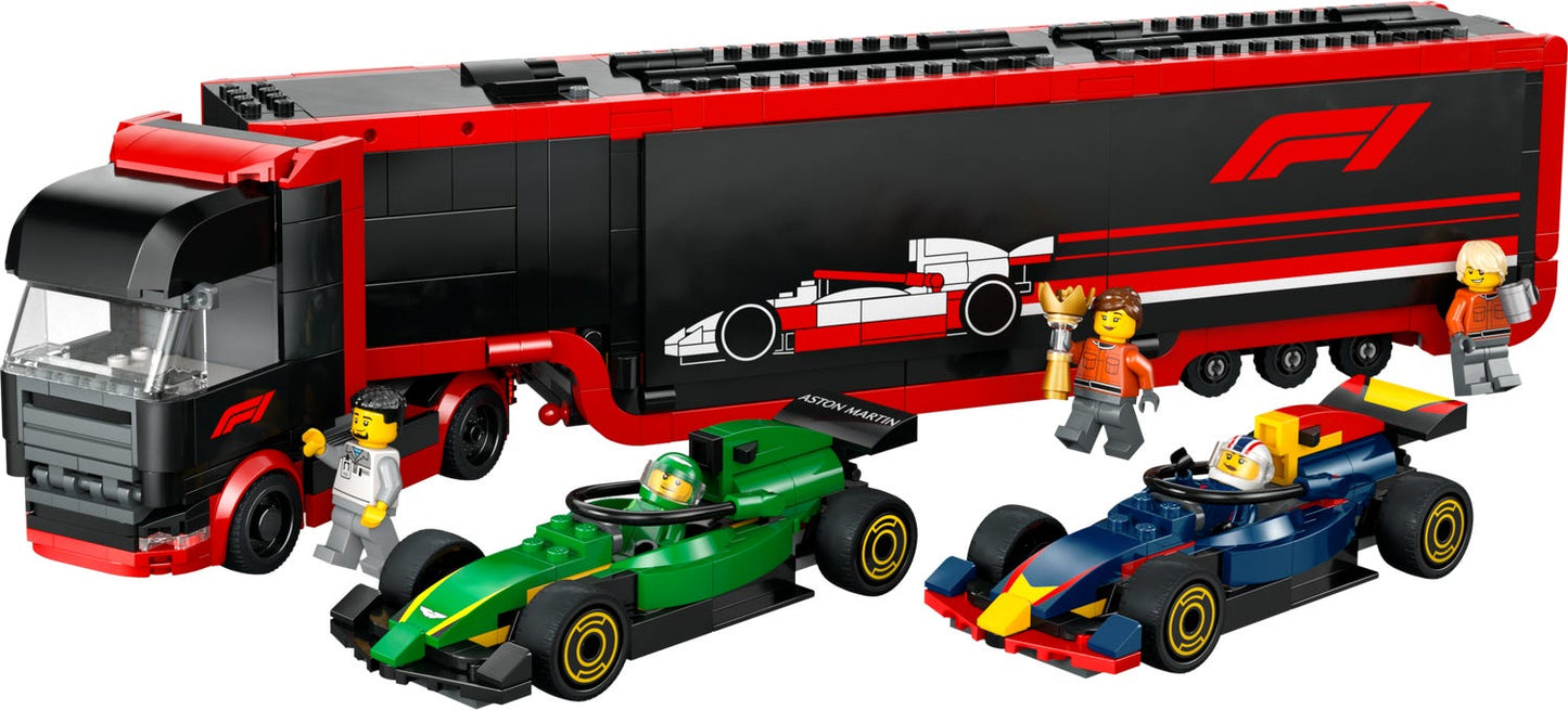 LEGO City 60445 - Camion F1 cu masinile F1 RB20 si AMR24 (1086 piese)