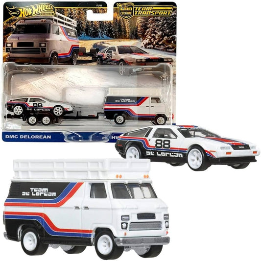 Set  2 machete cu remorca Hw Rally Hauler si DMC Delorean - 1/64 Hot Wheels Premium