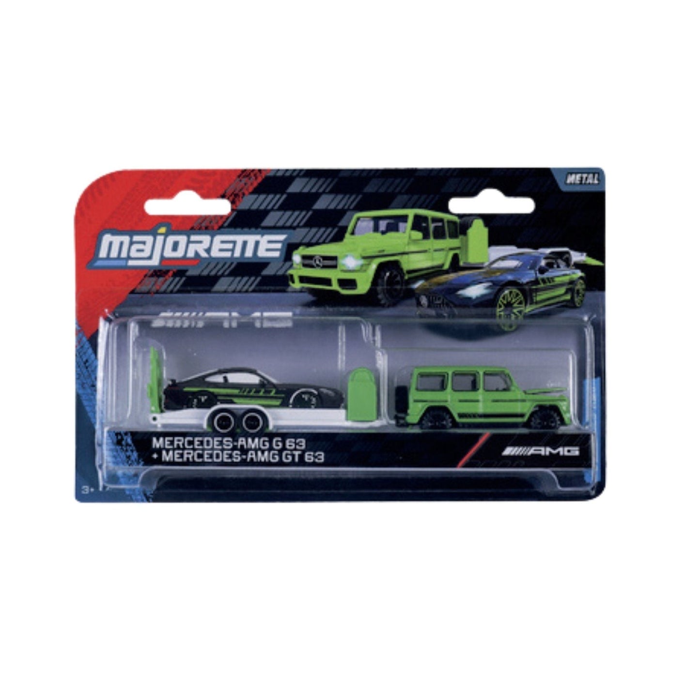 Set 2 masinute Mercedes-AMG G63 si Mercedes-AMG GT 63 cu remorca - 1/64 Majorette