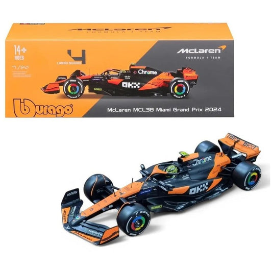 Formula 1 McLaren MCL38 #4 Lando Norris Miami Grand Prix 2024 cu vitrina plexiglass - 1/24 Bburago