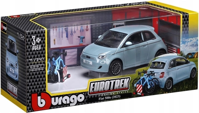 Fiat 500E 2023 cu portbagaj pentru biciclete - 1/24 Bburago