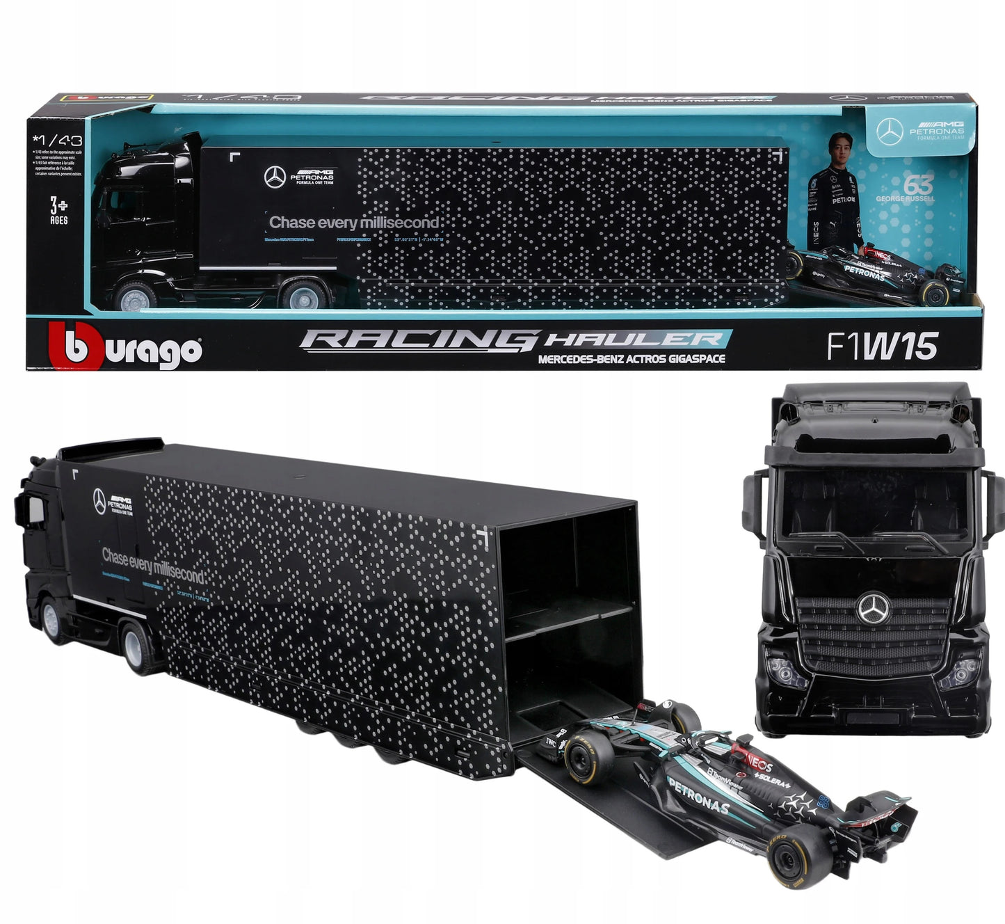 Transportor Mercedes-Benz Actros Formula 1 Mercedes #63 George Russell - 1/43 Bburago