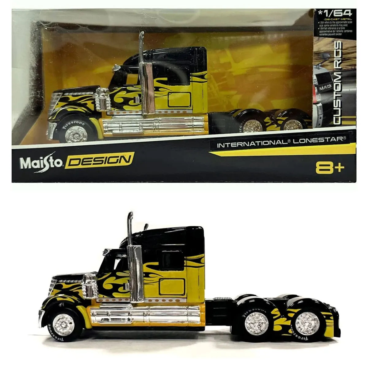 Camion Cap tractor International Lonestar negru/galben 14cm - 1/64 Maisto Design