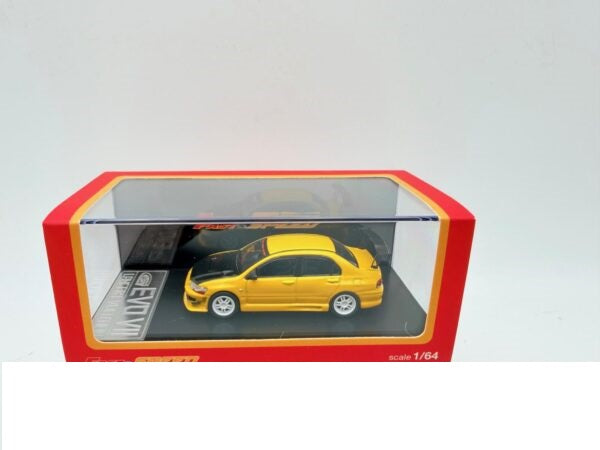 Mitsubishi Lancer EVO VII galben  cu vitrina plexiglass - 1/64 Fast & Speed