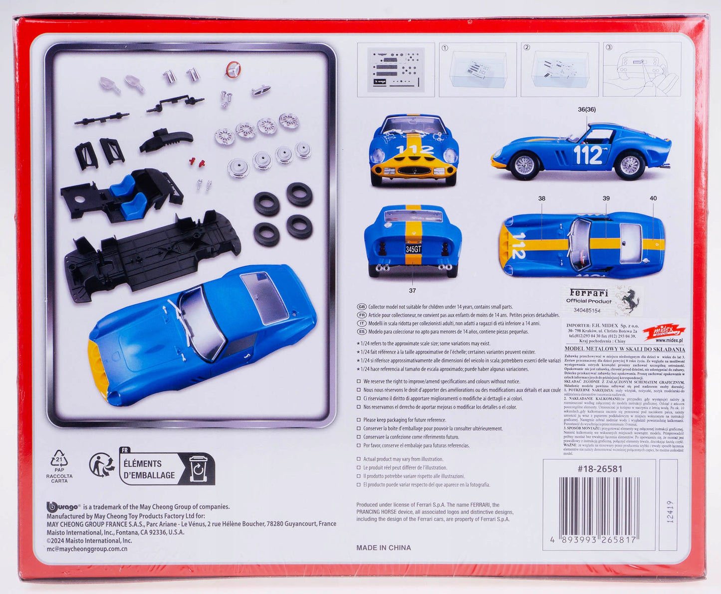Ferrari 250 GTO albastru/galben Kit de asamblare 37 piese - 1/24 Bburago