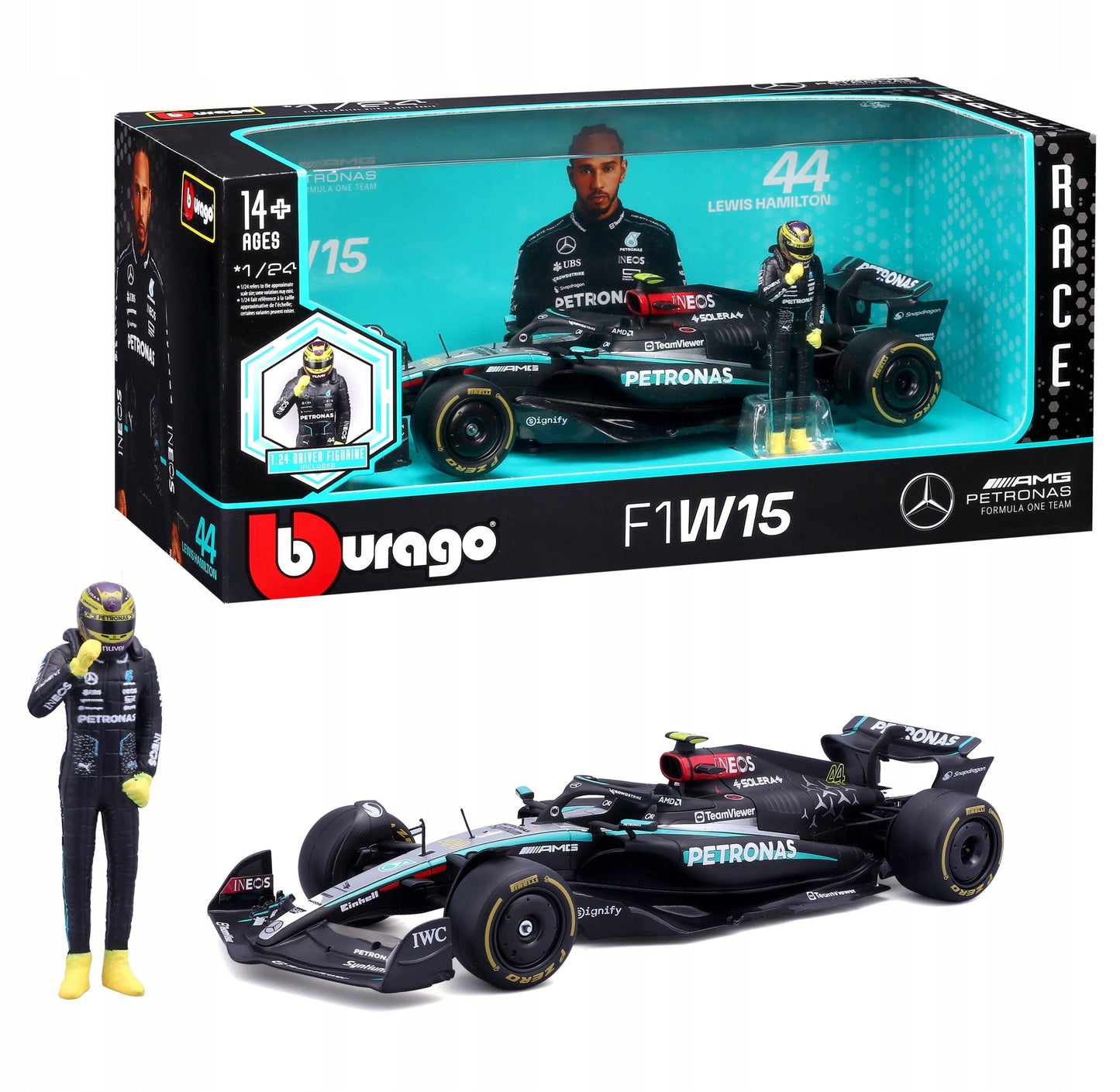 Formula 1 Mercedes AMG Petronas F1 W15 #44 cu figurina Lewis Hamilton - 1/24 Bburago