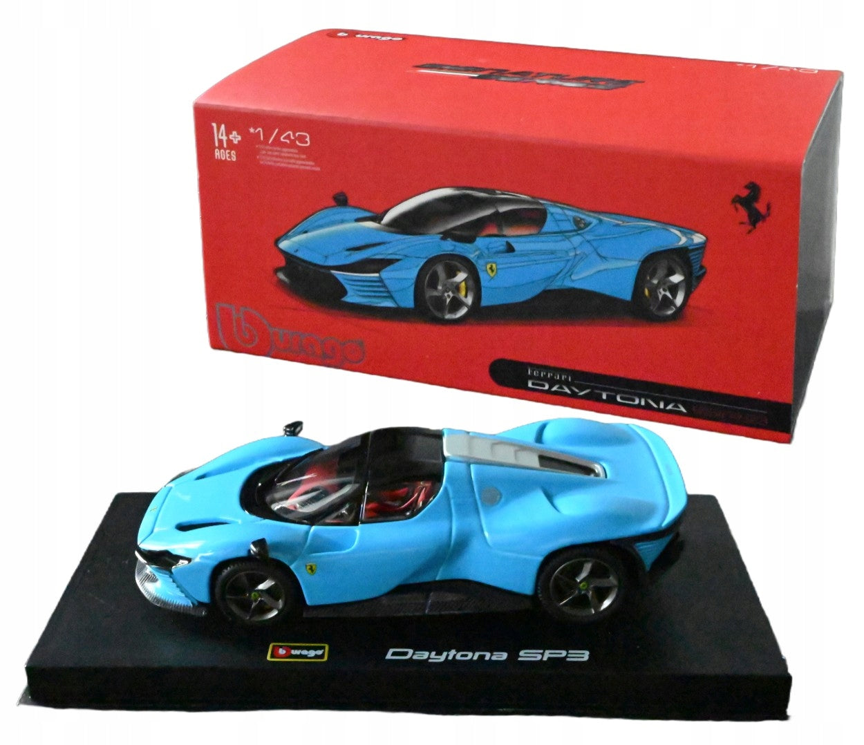 Ferrari Daytona SP3 albastru cu vitrina plexiglass - 1/43 Bburago Signature