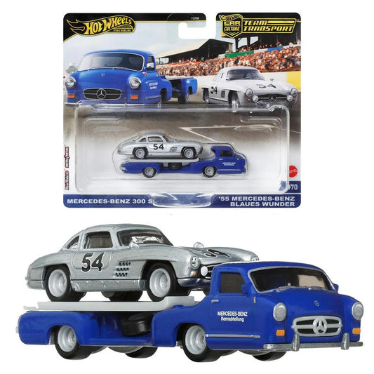 Set 2 masinute Transportor Mercedes Blaues Wunder si Mercedes 300 SL - 1/64 Hot Wheels Premium