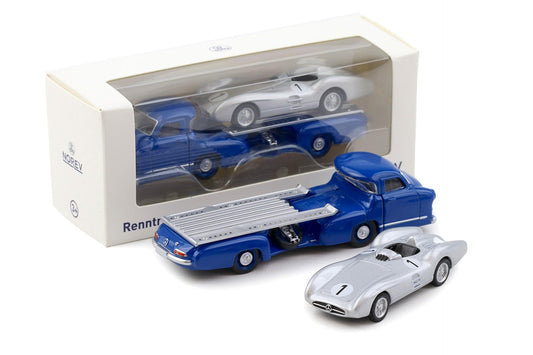 Set 2 machete Transportor Mercedes Blue Wonder si Mercedes W196 Spider 1955 - 1/64 Norev