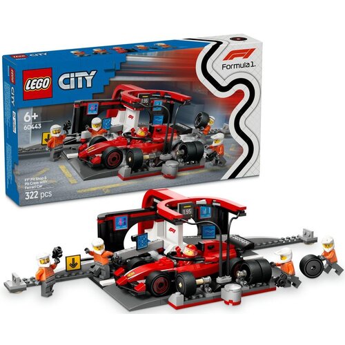 LEGO City 60443 - Boxa si mecanici F1 cu masina Ferrari (322 piese)