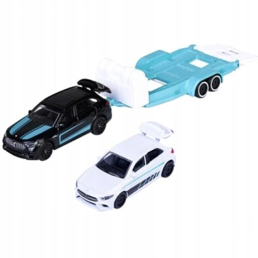 Set 2 masinute Mercedes-AMG Glc 63S si Mercedes-AMG A35 cu remorca - 1/64 Majorette