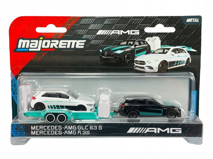Set 2 masinute Mercedes-AMG Glc 63S si Mercedes-AMG A35 cu remorca - 1/64 Majorette