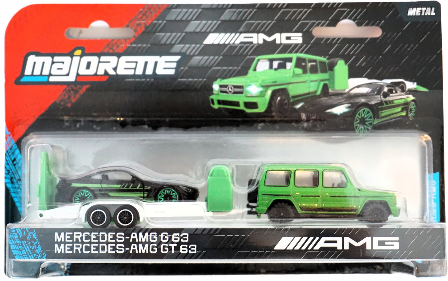 Set 2 masinute Mercedes-AMG G63 si Mercedes-AMG GT 63 cu remorca - 1/64 Majorette