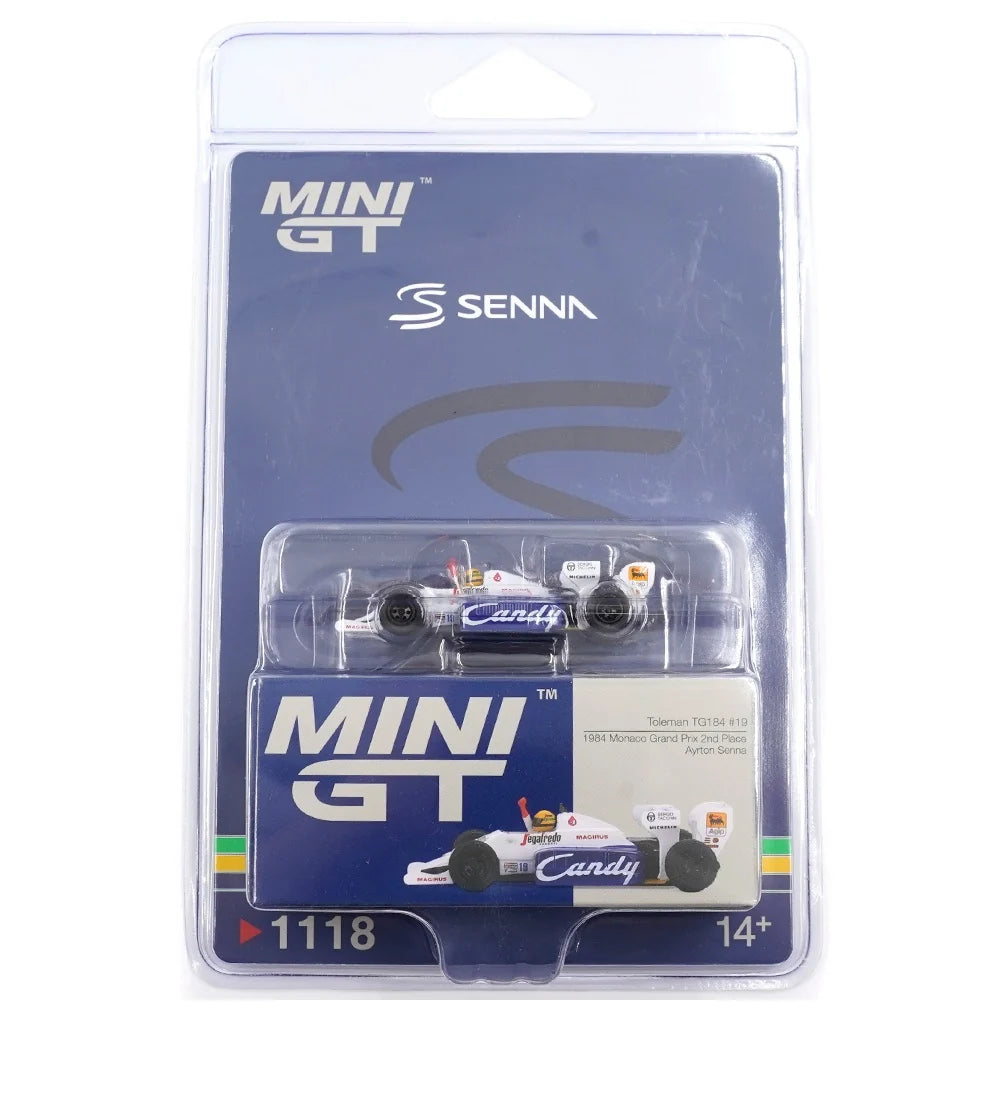 Formula 1 Toleman TG184 #19 1984 Monaco Grand Prix 2nd place Ayrton Senna - 1/64 Mini GT