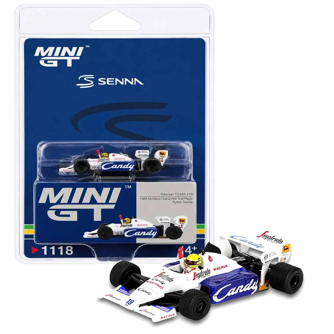 Formula 1 Toleman TG184 #19 1984 Monaco Grand Prix 2nd place Ayrton Senna - 1/64 Mini GT