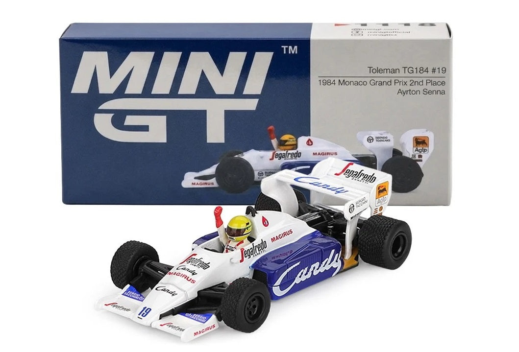 Formula 1 Toleman TG184 #19 1984 Monaco Grand Prix 2nd place Ayrton Senna - 1/64 Mini GT