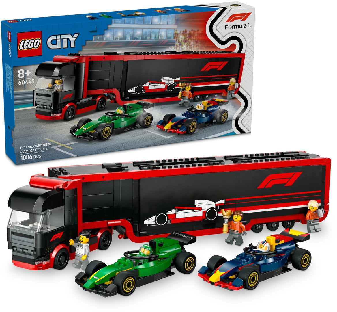 LEGO City 60445 - Camion F1 cu masinile F1 RB20 si AMR24 (1086 piese)