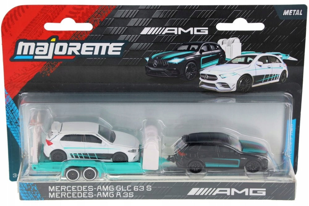 Set 2 masinute Mercedes-AMG Glc 63S si Mercedes-AMG A35 cu remorca - 1/64 Majorette