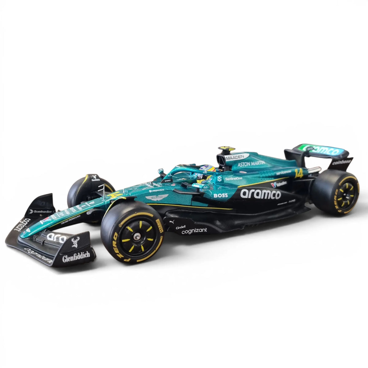 Formula 1 Aston Martin AMR25 Fernando Alonso cu vitrina plexiglass - 1/24 Bburago