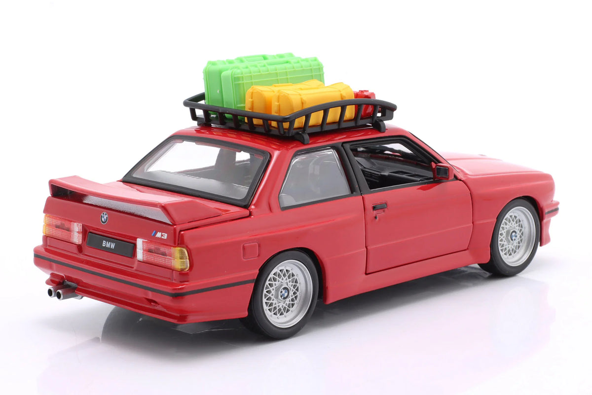 BMW M3 E30 1988 rosu cu portbagaj deasupra si bagaje - 1/24 Bburago