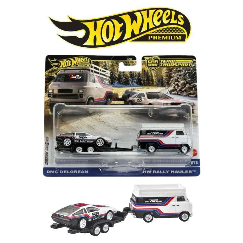 Set  2 machete cu remorca Hw Rally Hauler si DMC Delorean - 1/64 Hot Wheels Premium