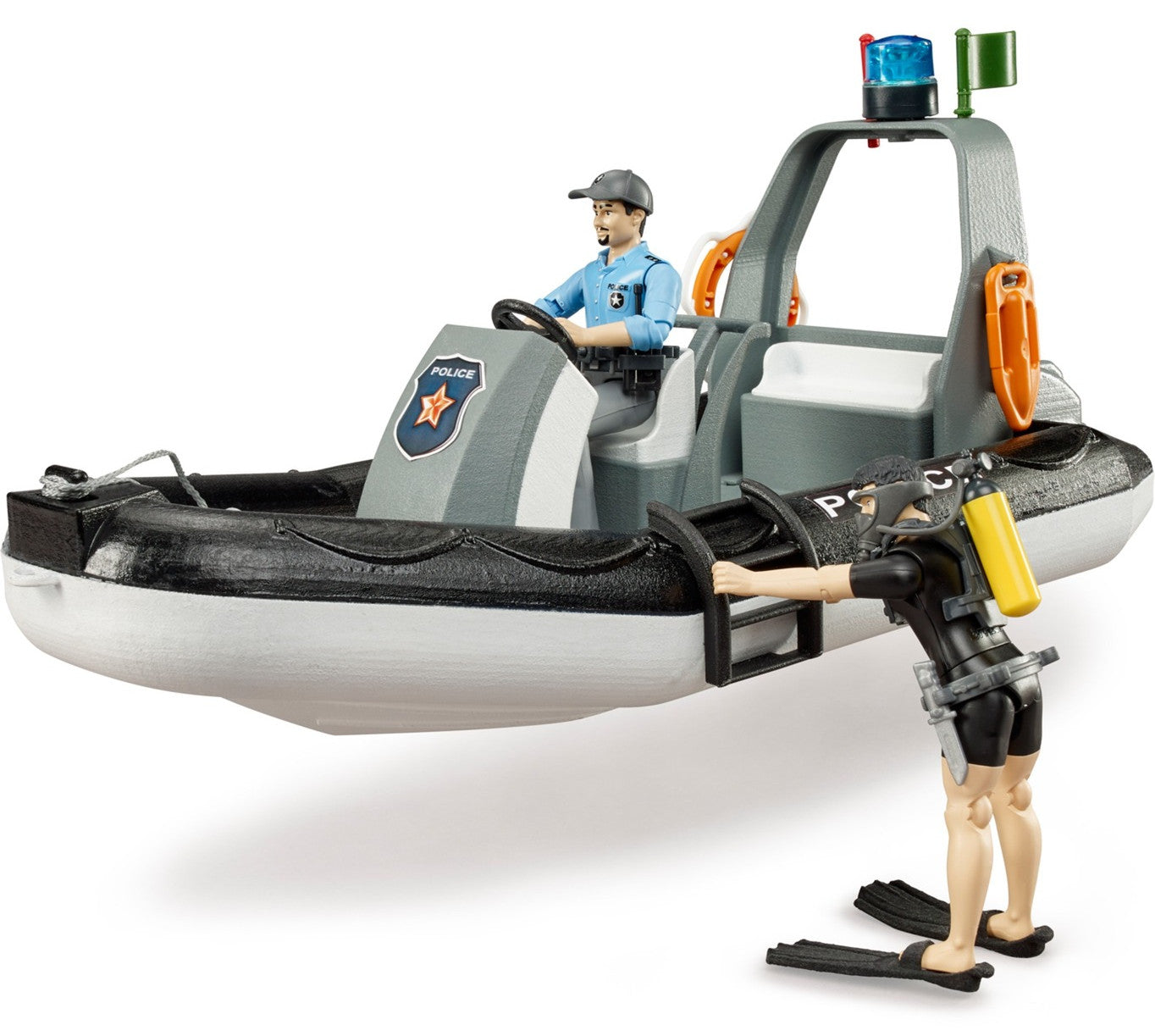 BRUDER 62733 - Barcă de poliție cu girofar rotativ, figurine și accesorii