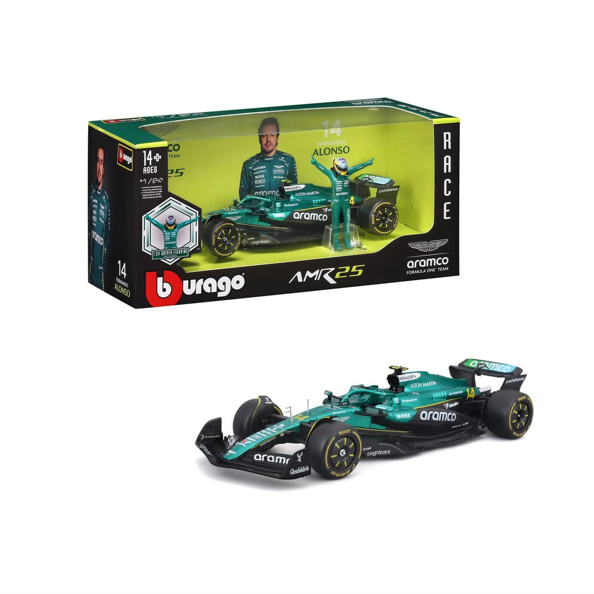 Formula 1 AMR25 Fernando Alonso #14 cu figurina - 1/24 Bburago