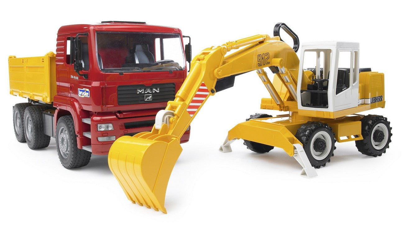 BRUDER 02751 - Camion basculabil MAN cu excavator Liebherr