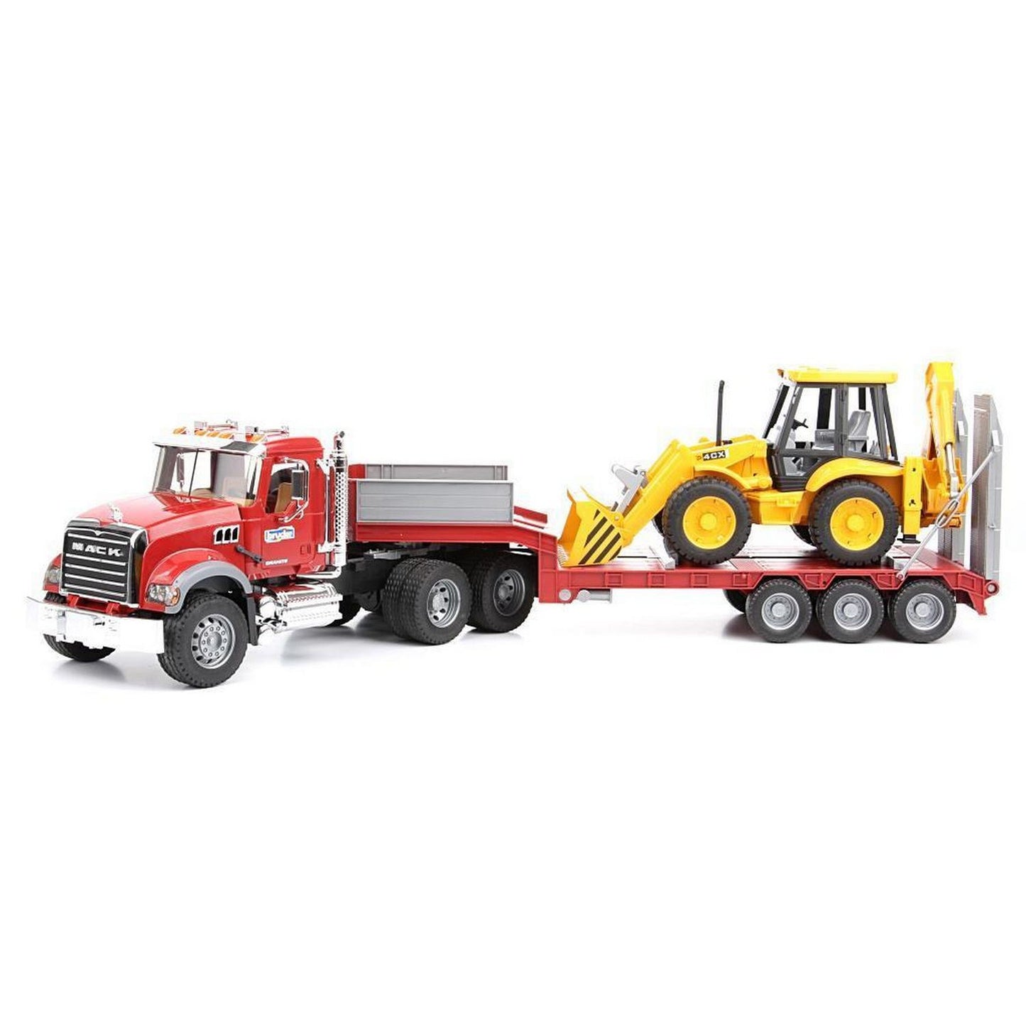 BRUDER 02813 - Camion Mack cu platforma si buldoexcavator JCB 4CX
