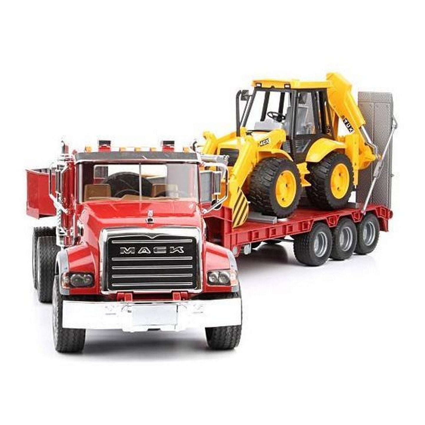 BRUDER 02813 - Camion Mack cu platforma si buldoexcavator JCB 4CX