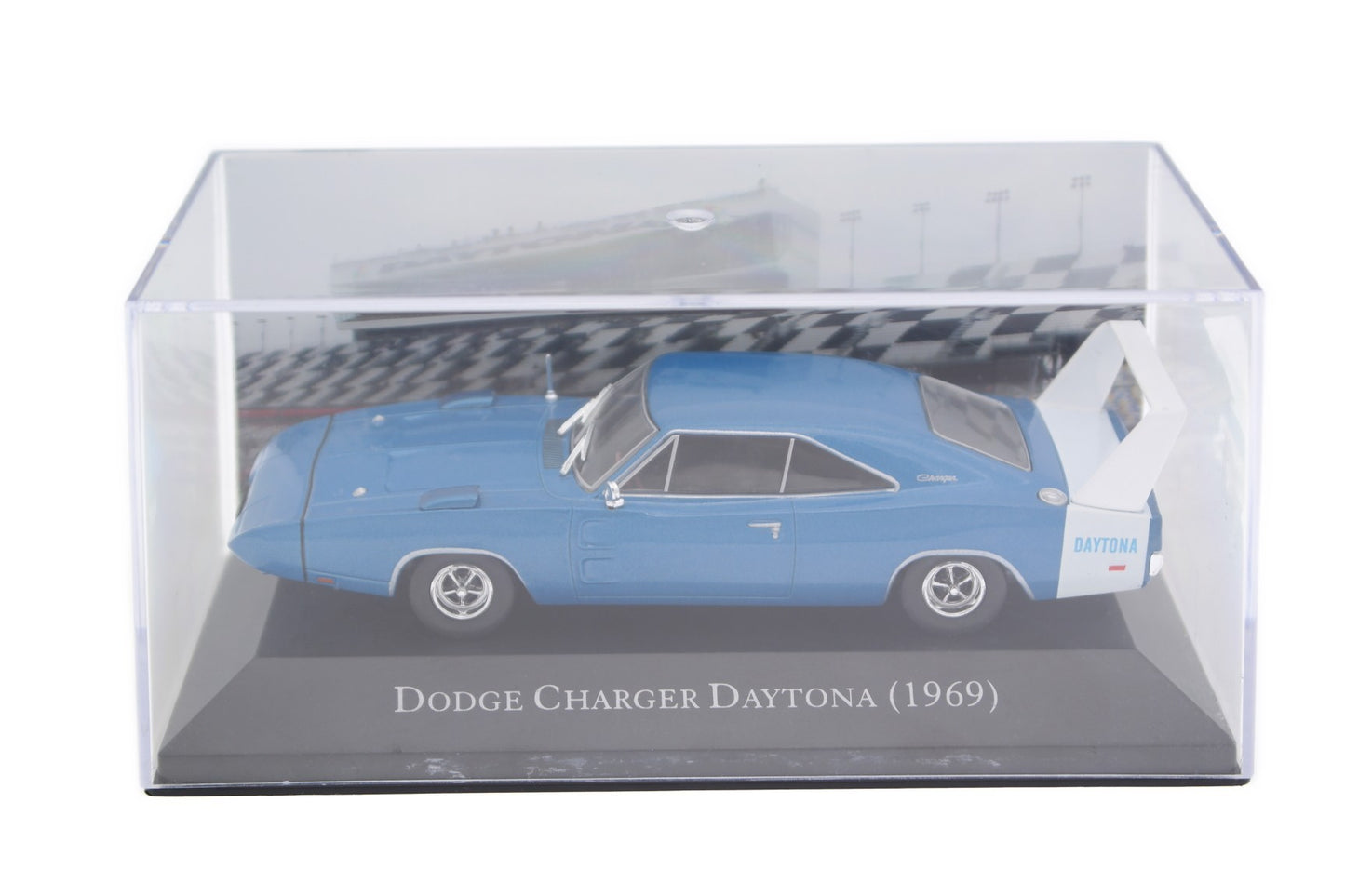 Dodge Charger Daytona 1969 albastru/alb cu vitrina plexiglass - 1/43 Altaya