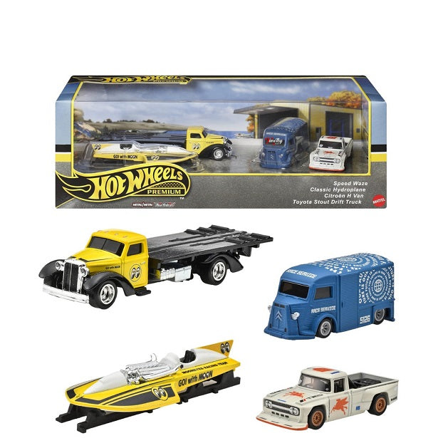 Set 4 machete Speed Waze,Classic Hydroplane,Citroen H Van si Toyota Stout Drift Truck - 1/64 HW Premium
