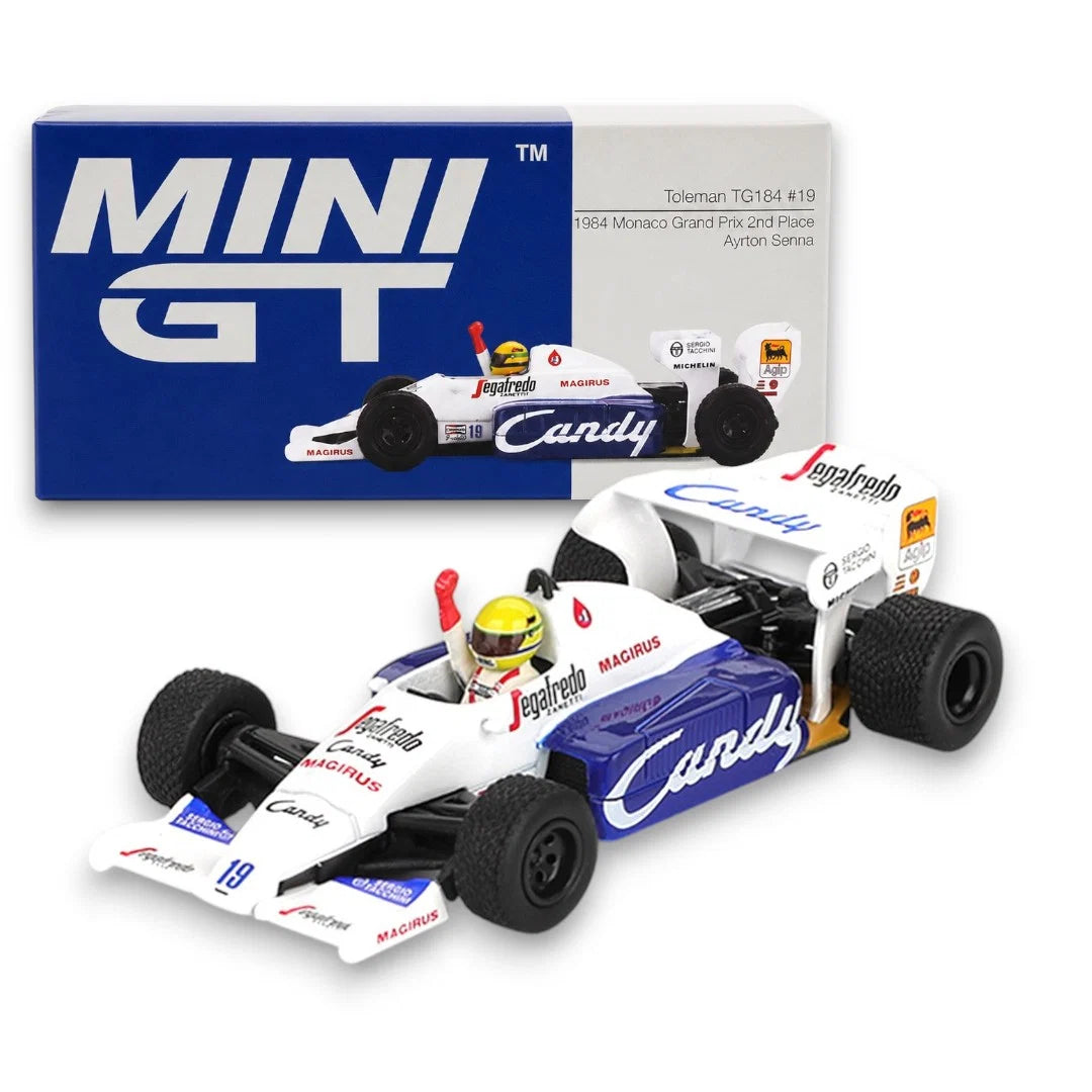 Formula 1 Toleman TG184 #19 1984 Monaco Grand Prix 2nd place Ayrton Senna - 1/64 Mini GT