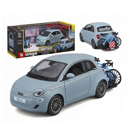 Fiat 500E 2023 cu portbagaj pentru biciclete - 1/24 Bburago