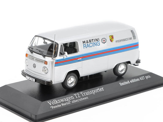 Volkswagen T2 Transporter "Porsche Martini" argintiu 1/627pcs cu vitrina plexiglass - 1/43 Minichamps