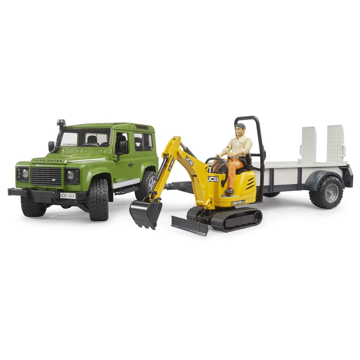 BRUDER 02593 - Land Rover Defender cu remorca,cu excavator si cu omulet