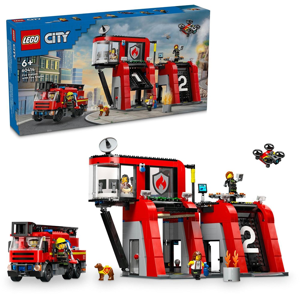 LEGO City 60414 - Statie si camion de pompieri (843 piese)