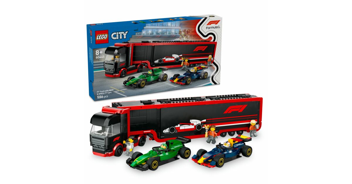 LEGO City 60445 - Camion F1 cu masinile F1 RB20 si AMR24 (1086 piese)